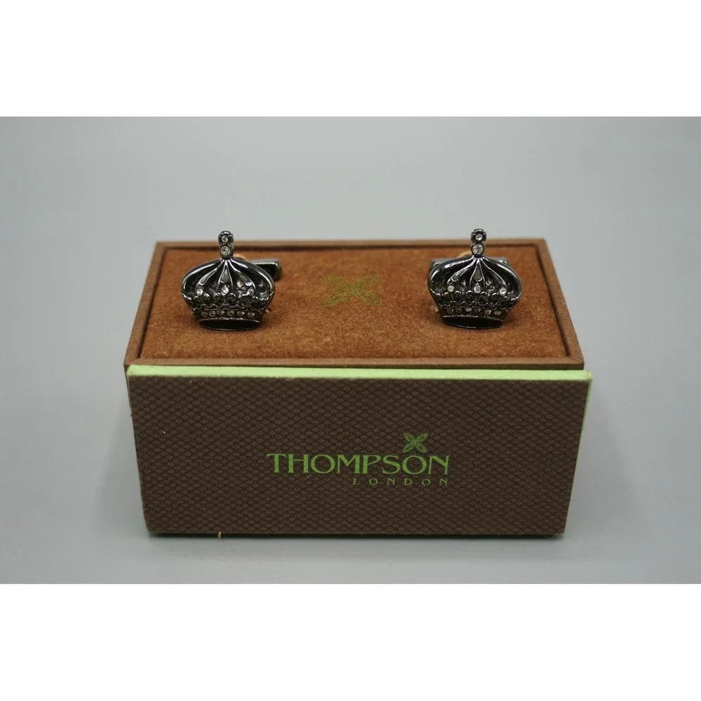 Thompson London Crown Cufflinks Gunmetal Crystal‎ Royal King Formal Mens Jewelry